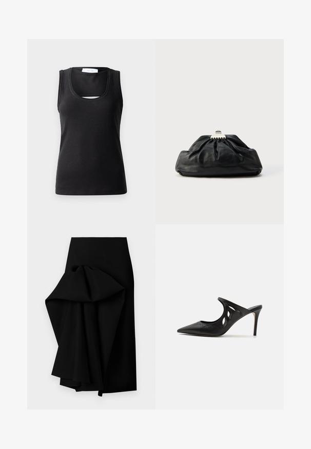 Sort ærmeløs tanktop lavet af ribbet stof, med en rund halsudskæring og en lille udskæring foran for ekstra design.; Sort nederdel lavet af glat stof, med et oversized draperet design på den ene side, der danner en høj-lav kant.; Sorte læder højhælede mules med spids tå, udskåret sideskærm og glat tekstur. Stiletthæl og subtil syning.; Sort læderclutch med en samlet tekstur, metal lukning og diskret præget logo på forsiden. Rundet form.