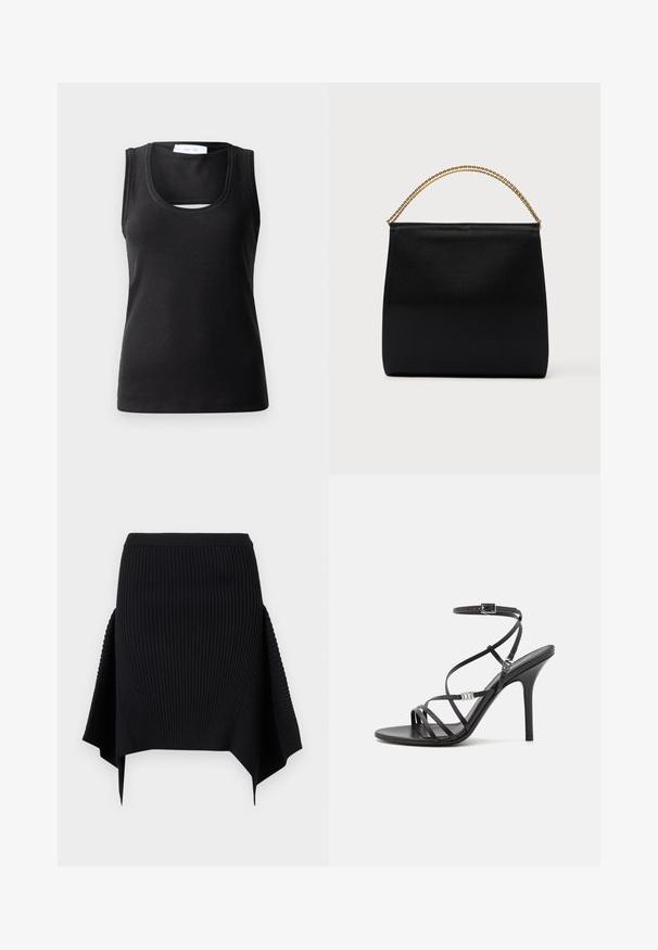 Schwarzes ärmelloses Tanktop aus geripptem Stoff, mit einem runden Ausschnitt und einem kleinen Ausschnitt an der Front für zusätzlichen Designakzent.; Schwarzer, gerippter Strickrock mit asymmetrischem Zipfel-Saum und tailliertem Bund vor einem schlichten weißen Hintergrund.; Schwarze High-Heel-Sandale mit dünnen Riemen, einem Knöchelverschluss, einer glatten Lederoberfläche und einem schlanken Stiletto-Absatz.; Schwarze Tasche aus glattem Stoff mit strukturierter Form, einem Griff aus goldener Kette und minimalistischem, geometrischem Design.