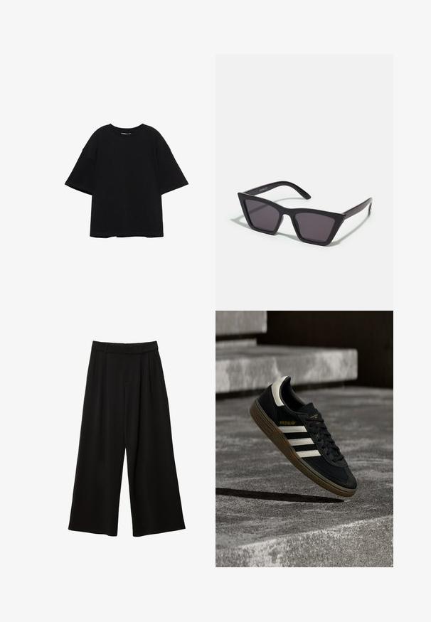 T-shirt noir oversize à manches courtes avec encolure ronde, coupe ample et épaules tombantes sur fond blanc.; Pantalon noir à jambes larges, taille haute, plis devant, passants pour ceinture et coupe décontractée.; Baskets Adidas noires avec des bandes blanches et une semelle en gomme flottant au-dessus d'escaliers en béton gris sous une lumière naturelle.; Lunettes noires angulaires avec des verres gris ; fabriquées en plastique, avec des branches épaisses à la surface lisse et sans matériel visible.