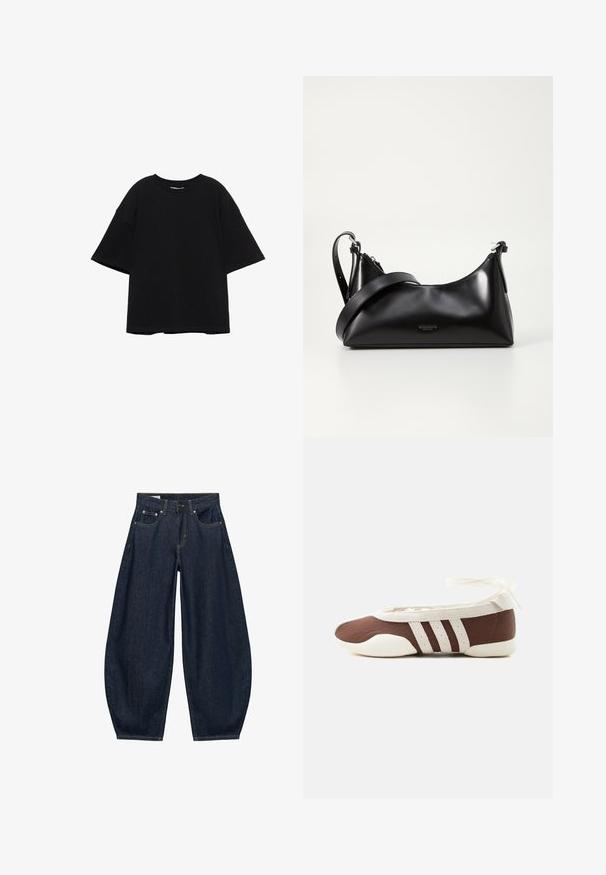 T-shirt noir oversize à manches courtes avec encolure ronde, coupe ample et épaules tombantes sur fond blanc.; Jean en denim bleu foncé à jambes larges avec poches avant, passants de ceinture et fermeture par bouton à la taille.; Chaussure plate de ballet marron et blanche avec trois bandes blanches et un nœud à nouer à la cheville sur un fond clair uni.; Sac à main en cuir noir avec une texture lisse. Dispose d'une bandoulière adjustable et d'un design élégant et minimaliste avec une fermeture éclair.