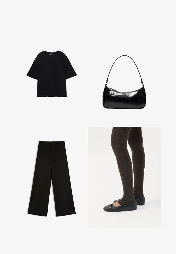 T-shirt noir oversize à manches courtes avec encolure ronde, coupe ample et épaules tombantes sur fond blanc.; Pantalon noir à jambes larges avec passants de ceinture, fermeture devant par bouton et zip, posé à plat sur fond blanc.; Jambes portant des leggings côtelés foncés associés à des ballerines noires avec de petits détails en nœud sur fond blanc.; Sac à épaule en cuir noir brillant avec un seul compartiment zippé et une fine bandoulière arquée.