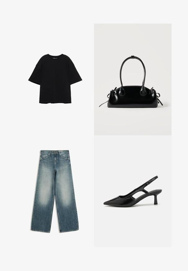 T-shirt noir oversize à manches courtes avec encolure ronde, coupe ample et épaules tombantes sur fond blanc.; Jean large bleu avec zones avant des cuisses délavées, poches avant, passants de ceinture et fermeture par bouton.; Escarpins noirs à talon ouvert avec un embout pointu, fabriqués en matériau brillant, présentant des accents découpés et un talon modéré pour un bon soutien.; Petit sac à main noir brillant avec deux longues anses et des détails à cordon sur les côtés sur un fond clair uni.