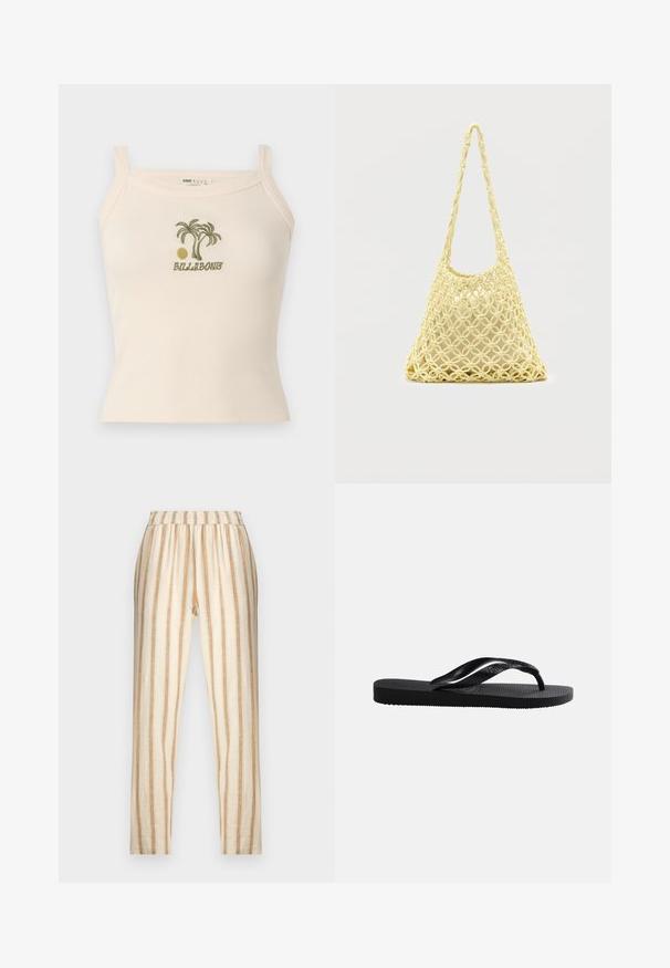 Débardeur crème côtelé avec bretelles fines, orné d'une broderie de palmier vert et de soleil au-dessus du mot « Billabong » sur la poitrine.; Pantalon taille haute avec rayures verticales beige et blanches, taille élastique, coupe droite, présenté sur un fond blanc.; Tongs en caoutchouc noir avec semelle texturée et bride en Y lisse sur un fond clair uni.; Sac en filet macramé jaune avec longue bandoulière et pochette beige à l'intérieur, présenté sur un fond blanc uni.
