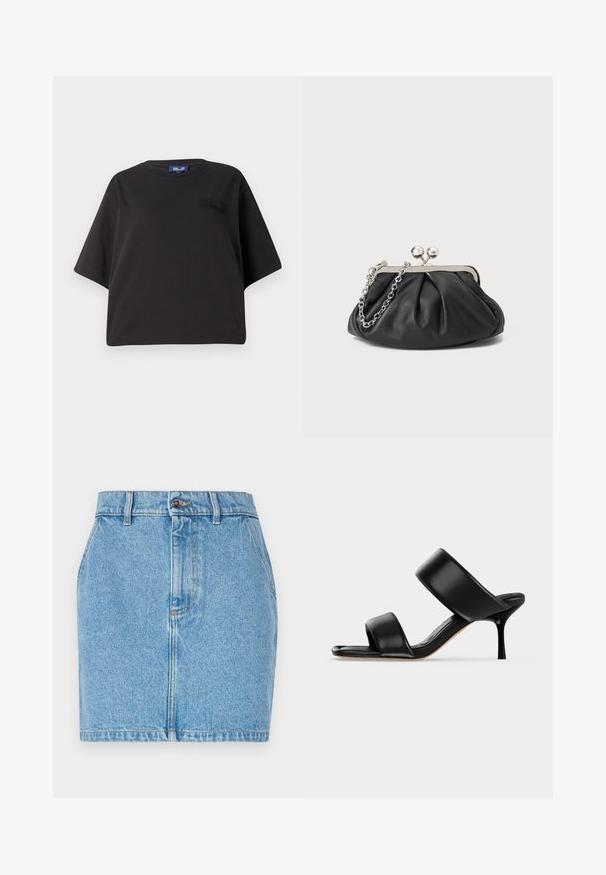 Sort kortærmet t-shirt lavet af bomuld, med en afslappet pasform og prægede branding på forsiden nær skulderen.; Denim nederdel i lys blå med tætsiddende design, fem-lomme stil og kontrastsyning. Materialet har en struktureret overflade.; Sort læder mule sandal med to brede remme og en slank mellemhøj stiletthæl på en ensartet lys baggrund.; Sort læder clutch med samlet tekstur, sølvfarvet metalramme, kys-lås lukning og kædestrop. Glat, blød overflade.