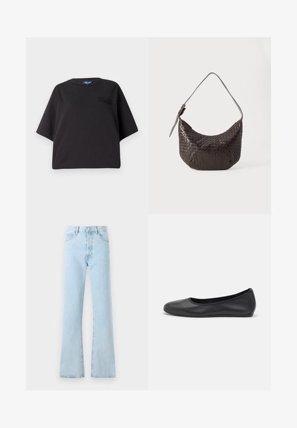 Sort kortærmet t-shirt lavet af bomuld, med en afslappet pasform og prægede branding på forsiden nær skulderen.; FRAME THE VERTICAL - Jeans Relaxed Fit - light blue; Sort læderballetsko med rund tå, glat tekstur, minimal syning og et fleksibelt såldesign.; Vævet mørkebrun læder skuldertaske med en buet form, justerbar rem og subtil glans. Har en lynlåslukning langs toppen.