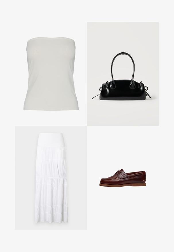 Top sin tirantes de tela beige claro, diseño ajustado con una textura suave, bordes sin costuras y sin patrones ni detalles de hardware visibles.; Falda larga blanca de volantes hecha de tela ligera. Cuenta con una cinturilla elástica y una textura sutil con costuras horizontales.; Zapato náutico de cuero marrón con cordones, detalles de costura y logo de Timberland en el lateral, mostrado sobre un fondo blanco.; Pequeño bolso negro brillante con dos asas largas y detalles de cordón lateral sobre un fondo claro liso.