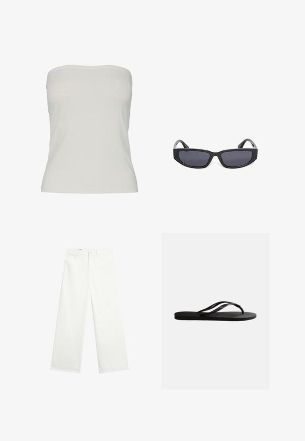 Strapless top van lichtbeige stof, getailleerd ontwerp met een gladde textuur, naadloze randen en geen zichtbare patronen of hardwaredetails.; Witte denim jeans met wijde pijpen, een knoop aan de voorkant, riemlussen en zijzakken, weergegeven op een effen witte achtergrond.; Zwarte rubberen teenslipper met een gestructureerd voetbed en dunne Y-vormige bandjes op een effen witte achtergrond.; Zwarte rechthoekige zonnebril met donker getinte glazen en dikke monturen tegen een witte achtergrond.