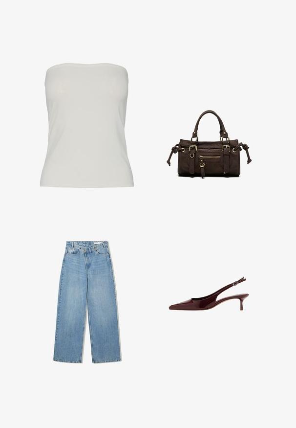 Strapless top van lichtbeige stof, getailleerd ontwerp met een gladde textuur, naadloze randen en geen zichtbare patronen of hardwaredetails.; Lichtblauwe wijde jeans van denim, met een hoge taille, vijf zakken, knoopsluiting en subtiele vervaging voor textuur.; Glanzende donkerbruine slingback kittenhak schoen met spitse neus en verstelbare gespband.; Donkerbruine leren handtas met dubbele handvatten, voorvak met ritssluiting, decoratieve gespen en zijknopen op een witte achtergrond.