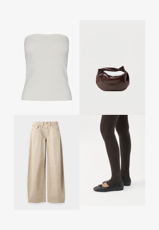 Top sin tirantes de tela beige claro, diseño ajustado con una textura suave, bordes sin costuras y sin patrones ni detalles de hardware visibles.; Vaqueros beige de pierna ancha con cinco bolsillos y costuras visibles en las rodillas, mostrados extendidos sobre un fondo liso gris claro.; Piernas con leggings oscuros acanalados combinados con bailarinas negras que presentan pequeños detalles de lazo sobre un fondo blanco.; Bolso de hombro de cuero marrón oscuro con una forma suave y caída, y un asa con nudo torcido sobre un fondo blanco liso.
