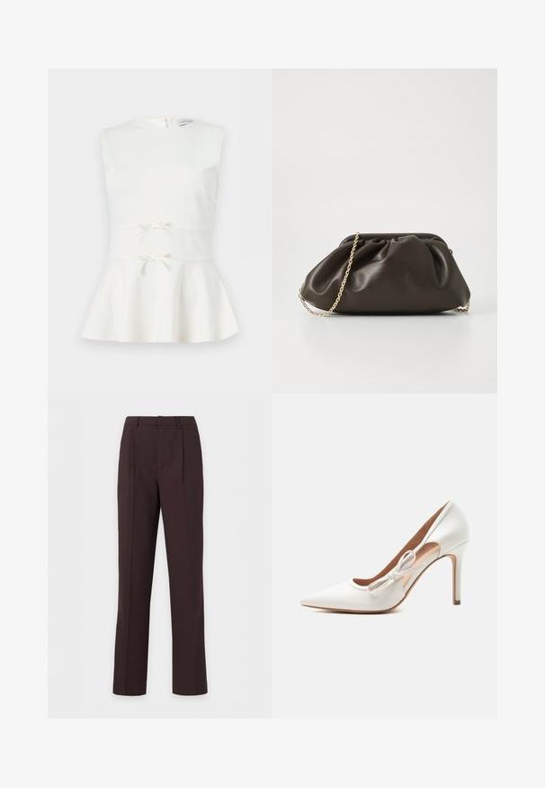 Haut blanc sans manches avec basque, deux petits nœuds décoratifs à la taille et un col rond.; Pantalon formel marron foncé avec plis, passants de ceinture et coupe droite.; Chaussure à talon haut blanche à bout pointu avec un nœud décoratif sur le côté et un talon aiguille fin.; Sac à main en cuir marron avec un design froncé, une bandoulière en chaîne dorée et une finition douce et texturée. Sa forme compacte est idéale pour une utilisation en soirée.