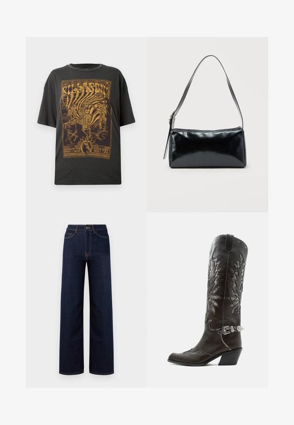 T-shirt en coton noir avec un imprimé graphique doré de squelettes et de texte, à coupe décontractée et manches courtes.; Jeans en denim bleu foncé à jambes larges, avec une taille haute, quatre poches et des coutures contrastantes le long des coutures.; Botte de cowboy en cuir noir avec découpes décoratives, boucle argentée et talon incliné, présentée sur fond blanc.; Sac d'épaule rectangulaire noir avec une sangle réglable unique et une fermeture éclair supérieure sur un fond uni.