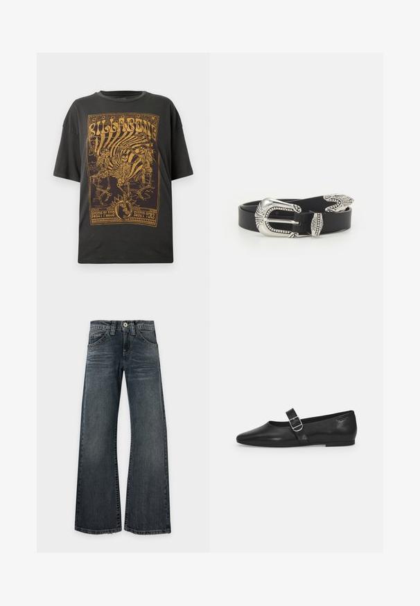 T-shirt en coton noir avec un imprimé graphique doré de squelettes et de texte, à coupe décontractée et manches courtes.; Jean large à jambe évasée, lavage foncé, avec léger délavé sur les cuisses, design classique à cinq poches et coutures apparentes, posé à plat sur fond blanc.; Chaussure plate en cuir noir avec un bout arrondi, une seule sangle réglable à boucle et une texture lisse et brillante. Design minimaliste avec un petit talon.; Ceinture en cuir noir avec une grande boucle en métal argenté dotée de détails complexes et d'accents décoratifs à chaque extrémité.