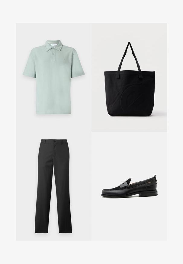 Polo verde claro con un tejido texturizado, mangas cortas, cuello, tapeta de dos botones y un logotipo bordado en el pecho.; Samsøe Samsøe SAJOHNNY TROUSERS - Pantalones - turkish coffee; Mocasín de cuero negro con detalle de tira gris, tacón bajo y suela texturizada, con la marca "HUGO" en oro en el lateral.; Bolsa tote de lona negra con dos correas para el hombro y un diseño circular en relieve sutil en el frente.