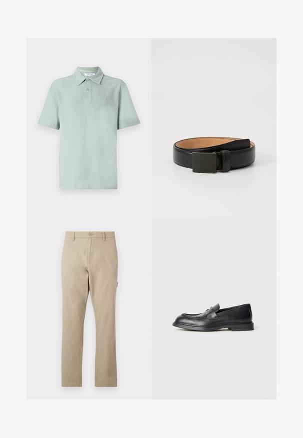 Lys grøn polo t-shirt med et tekstureret stof, korte ærmer, krave, to-knaps lukning og et broderet logo på brystet.; Beige bomuldsbukser i lige pasform med frontknaplukning og diskrete syninger. Glat tekstur, uden mønstre.; Sorte læder loafers med en struktureret finish, der har en dekorativ frontrem og en rundet tå. Gummisål for holdbarhed.; Sort læderbælte med en glat finition, udstyret med en rektangulær sort metalspænde og beige indvendig beklædning. Simpelt, klassisk design.