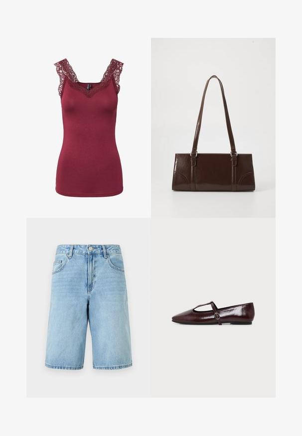 Débardeur bordeaux sans manches avec bordure en dentelle à l'encolure et sur les épaules, coupe ajustée, sans motifs ni boutons visibles.; Shorts en denim bleu clair avec bouton et fermeture éclair à l'avant, passants pour ceinture et poches avant, présentés sur un fond blanc uni.; Chaussure plate en cuir bordeaux foncé avec un bout pointu et une fine bride en T avec une boucle argentée sur fond blanc.; Sac à main en cuir verni marron de forme rectangulaire, avec deux longues poignées et des accents courbés subtils à l'avant.