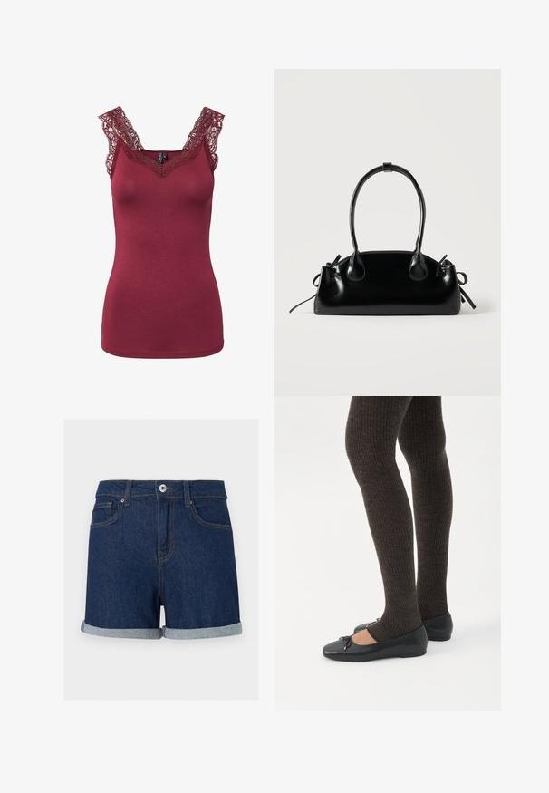 Débardeur bordeaux sans manches avec bordure en dentelle à l'encolure et sur les épaules, coupe ajustée, sans motifs ni boutons visibles.; Short en denim bleu foncé avec ourlets pliés, fermeture à boutons et zip à l'avant, et poches avant sur fond uni.; Jambes portant des leggings côtelés foncés associés à des ballerines noires avec de petits détails en nœud sur fond blanc.; Petit sac à main noir brillant avec deux longues anses et des détails à cordon sur les côtés sur un fond clair uni.