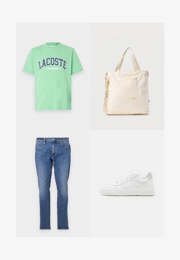 Zelené bavlnené tričko s okrúhlym výstrihom. Na hrudi sa nachádza odvážny námornícky nápis "LACOSTE" a "SPORTSWEAR". Krátke rukávy.; Modré džínsy s klasickým strihom rovného nohavice, s piatimi vreckami a oranžovými švami. Tkanina je textúrovaná a odolná.; Biele kožené tenisky s hladkým povrchom, zaoblenou špičkou, plochými šnúrkami a textúrovanou podrážkou. Sivý semišový akcent na päte.; Krémová plátenná taška typu tote s predným vreckom, dvoma rukoväťami, nastaviteľným ramenným popruhom a malým žltým nápisom "O.N.S" v dolnom pravom rohu vrecka.