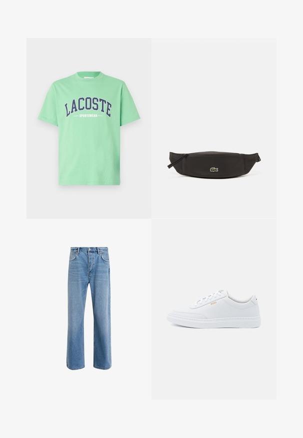 Zelené bavlnené tričko s okrúhlym výstrihom. Na hrudi sa nachádza odvážny námornícky nápis "LACOSTE" a "SPORTSWEAR". Krátke rukávy.; Svetlo modré denimové džínsy so strihom rovného nohu, päť vreciek, zapínanie na gombík, minimálne vyblednutie a kontrastné švy.; Biele kožené tenisky s hladkým povrchom, zaoblenou špičkou a tónovým prešívaním. Obsahujú modré šnúrky a zlaté logo na boku.; Čierna nylonová ľadvinka s hladkou textúrou, so zipsom a malým zeleným logom krokodíla Lacoste na prednej strane. Navrhnutá na ľahké nosenie.