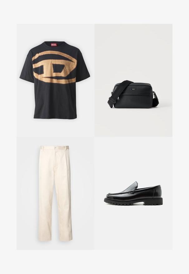 Schwarzes T-Shirt aus Baumwolle mit einem großen beigen Logodesign auf der Vorderseite. Lockere Passform mit Rundhalsausschnitt und kurzen Ärmeln.; Beige Baumwollhose mit geradem Bein, ausgestattet mit einem Knopfverschluss und Falten an der Vorderseite für zusätzliche Details.; Schwarzer Lederloafer mit grober Gummisohle, genähter Oberseite und geprägtem Markennamen an der Ferse, seitlich auf weißem Hintergrund gezeigt.; Schwarze, strukturierte Leder-Crossbody-Tasche mit vorderer Reißverschlusstasche und verstellbarem breitem Stoff-Schulterriemen auf weißem Hintergrund.