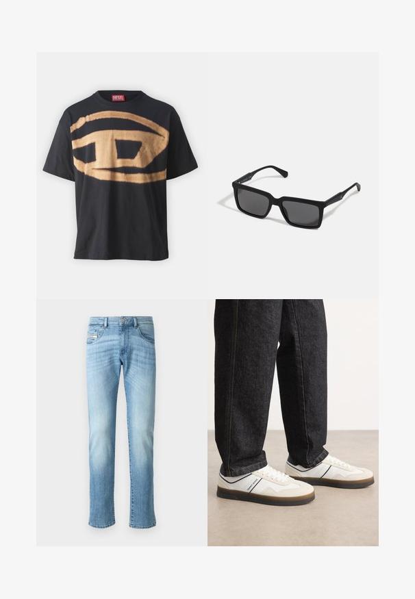 Schwarzes T-Shirt aus Baumwolle mit einem großen beigen Logodesign auf der Vorderseite. Lockere Passform mit Rundhalsausschnitt und kurzen Ärmeln.; Helles blaues Straight-Leg-Jeans mit verwaschenen Details, Knopfverschluss vorne und Fünf-Taschen-Design vor einem schlichten weißen Hintergrund.; Weiße und hellgraue Sneakers mit einem strukturierten Obermaterial aus Wildleder und Leder, brauner Gummisohle und navyblauem Akzentstreifen. Getragen mit dunklen Jeans.; Schwarze Sonnenbrille mit rechteckigen Gläsern, mattem Finish, dickem Rahmen und schlanken Bügeln mit dezentem Branding-Detail.