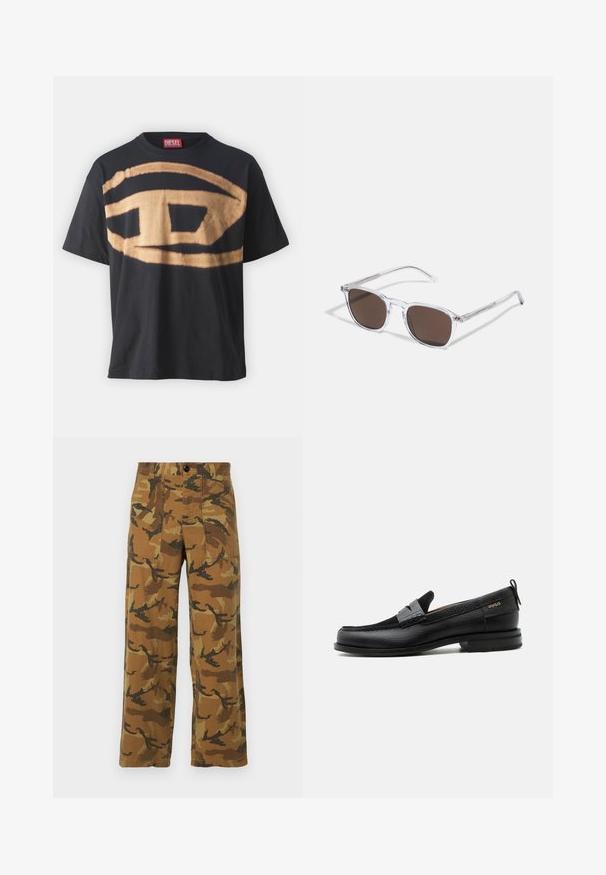 Camiseta negra de algodón con un gran diseño de logo beige en la parte frontal. Corte relajado con cuello redondo y mangas cortas.; Pantalones cargo de patrón camuflaje en tonos marrones y verdes, hechos de tela ligera, con cuatro bolsillos y cierre de botón.; Mocasín de cuero negro con detalle de tira gris, tacón bajo y suela texturizada, con la marca "HUGO" en oro en el lateral.; Gafas de sol de plástico transparente con lentes marrones rectangulares, que cuentan con finas varillas transparentes y acentos metálicos en las patillas.