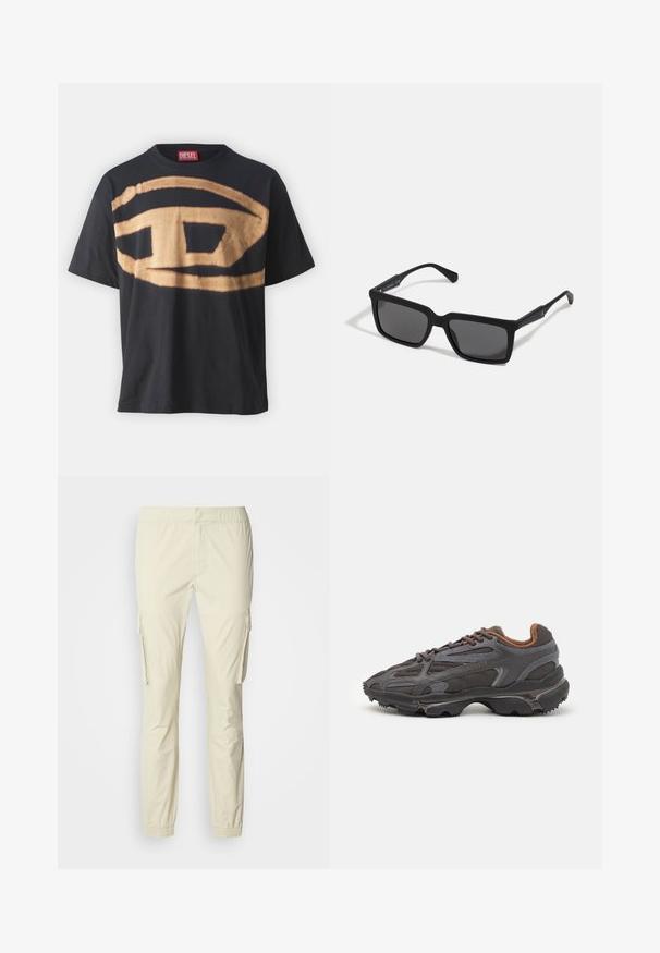 Camiseta negra de algodón con un gran diseño de logo beige en la parte frontal. Corte relajado con cuello redondo y mangas cortas.; Pantalones cargo de beige claro, hechos de una tela texturizada, con cintura elástica, un botón frontal y dos bolsillos laterales.; Zapatillas Lacoste en gris oscuro con material de malla y sintético, que cuentan con una suela texturizada y detalles en marrón en el cuello y la marca.; Gafas de sol negras con lentes rectangulares, acabado mate, montura gruesa y brazos delgados con un discreto detalle de marca.