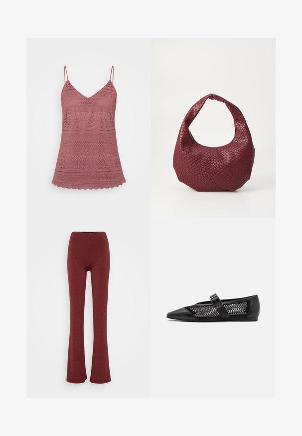 Camisole en dentelle rose avec des bretelles spaghetti réglables, présentant un décolleté en V et un ourlet festonné. Motifs complexes sur tout le tissu.; Pantalons évasés bordeaux en tissu extensible, présentant une surface texturée avec de petits motifs en points argentés.; Chaussure plate noire avec un bout pointu, panneaux latéraux en maille et une sangle avec une boucle décorative. Fini lisse sur les sections du bout et du talon.; Sac à main tissé bordeaux avec une silhouette arrondie, une seule poignée et une finition texturée. Fermeture zippée en haut.