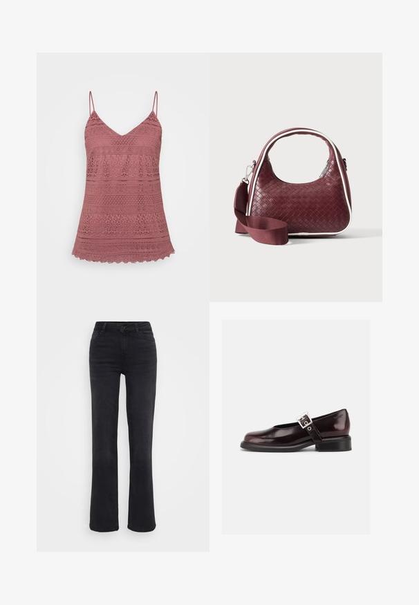 Camisole en dentelle rose avec des bretelles spaghetti réglables, présentant un décolleté en V et un ourlet festonné. Motifs complexes sur tout le tissu.; Jean en denim noir à coupe droite, avec une fermeture à bouton à l'avant, cinq poches et des détails de couture subtils.; Chaussure Mary Jane unique brillante couleur bordeaux foncé avec une large bride et une boucle argentée, talon bloc bas et bout arrondi sur fond blanc.; Sac à main en cuir tressé marron foncé avec poignée courbée, garniture blanche, fermeture éclair argentée et bandoulière large en tissu amovible sur fond uni.