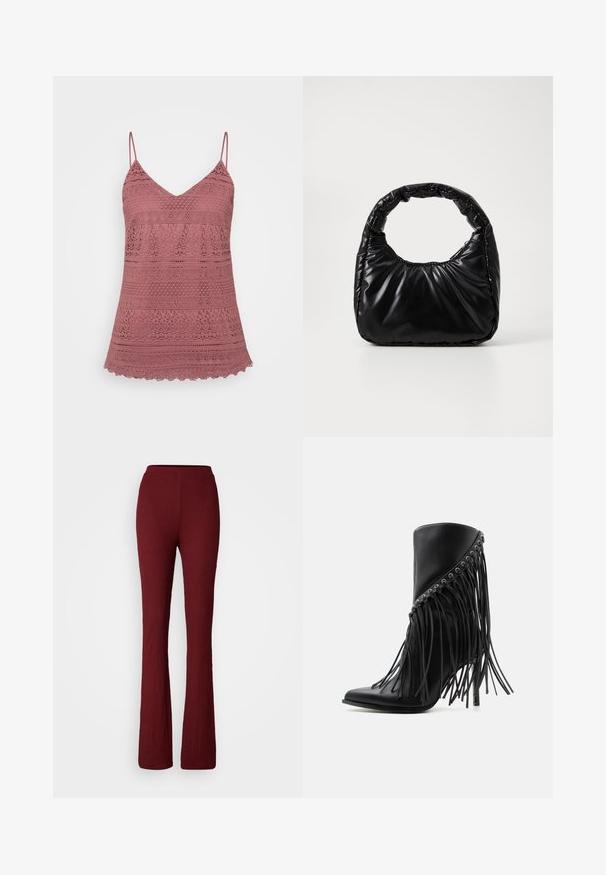 Camisole en dentelle rose avec des bretelles spaghetti réglables, présentant un décolleté en V et un ourlet festonné. Motifs complexes sur tout le tissu.; Pantalons bordeaux évasés avec une texture côtelée, dotés d'une taille élastique et d'un design longueur entière.; Bottine noire à talon haut avec franges inclinées et œillets métalliques le long du bord supérieur, bout pointu et talon stiletto.; Sac à main noir rembourré avec une poignée arrondie, présentant une surface lisse et brillante ainsi qu'une texture douce et matelassée. Pas de quincaillerie ou d'accents visibles.