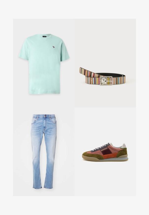 T-shirt uni bleu clair à manches courtes avec petit logo zèbre multicolore sur la poitrine gauche et col rond.; Jean bleu clair en denim, avec une coupe droite, un léger délavage, cinq poches et une fermeture à bouton. Aucune motif ou embellissement visible.; PS Paul Smith DOVER - Baskets basses - pink; Ceinture rayée avec plusieurs couleurs verticales et une boucle rectangulaire argentée brillante, enroulée sur un fond blanc uni.