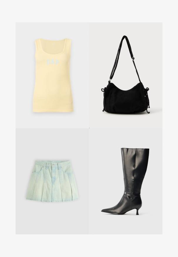 Débardeur pâle jaune à fines côtes, sans manches, avec un col en U et un logo GAP bleu clair centré sur le devant.; Jupe en denim bleu clair avec un design plissé, dotée d'une taille, d'une fermeture à boutons sur le devant et de deux poches latérales.; Botte en cuir noire montant jusqu'au genou, avec un bout pointu et un petit talon bas, présentée sur un fond clair uni.; Sac à épaule en velours côtelé noir avec une forme courbée, bandoulière réglable et fermetures à cordon des deux côtés pour un ajustement de taille.