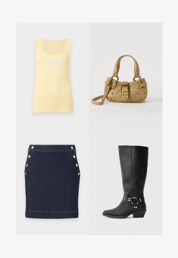 Débardeur pâle jaune à fines côtes, sans manches, avec un col en U et un logo GAP bleu clair centré sur le devant.; Mini-jupe en denim bleu foncé avec six boutons-pression argentés, trois de chaque côté, et une couture visible marron clair à la taille et à l'ourlet.; Bottines noires en cuir hauteur genou avec un bout pointu, dotées d'une sangle décorative à la cheville et d'accents en métal argenté. Talon bas empilé.; Sac à main en cuir beige avec double poignées, boucle en laiton et détails rivetés, ainsi qu'une bandoulière réglable sur fond blanc.