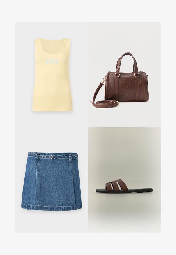 Débardeur pâle jaune à fines côtes, sans manches, avec un col en U et un logo GAP bleu clair centré sur le devant.; Mini-jupe en denim bleu avec ourlet cousu et fine ceinture assortie avec boucle argentée, posée à plat sur un fond clair.; Sandale plate noire avec trois larges lanières marron sur le dessus, présentée sur un fond gris neutre.; Sac à main en cuir tressé marron foncé avec poignées jumelles tressées, ferrures dorées et bandoulière amovible enroulée à l'avant.