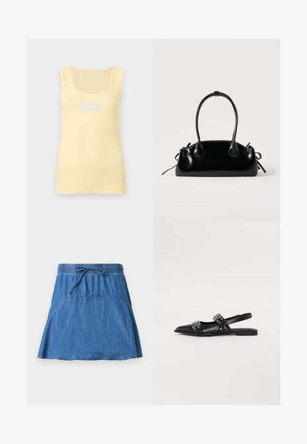 Débardeur pâle jaune à fines côtes, sans manches, avec un col en U et un logo GAP bleu clair centré sur le devant.; Jupe en jean bleu avec taille élastique et cordon de serrage, forme trapèze, et détails de coutures visibles sur un fond uni.; Even&Odd Ballerines à brides arrière - black; Petit sac à main noir brillant avec deux longues anses et des détails à cordon sur les côtés sur un fond clair uni.