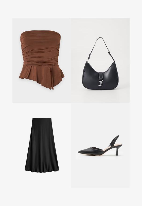 Haut marron sans bretelles avec détails froncés et ourlet asymétrique à basque, créant une silhouette ajustée et une texture douce.; Jupe noire en satin coupe trapèze avec une texture lisse et un ourlet fluide, longueur genou, présentée sur fond blanc.; Chaussure slingback en cuir noir avec un bout pointu, un talon fin et un design épuré, présentant une silhouette élégante et une texture lisse.; Pieces PCLIKA SHOULDER BAG - Sac à main - black