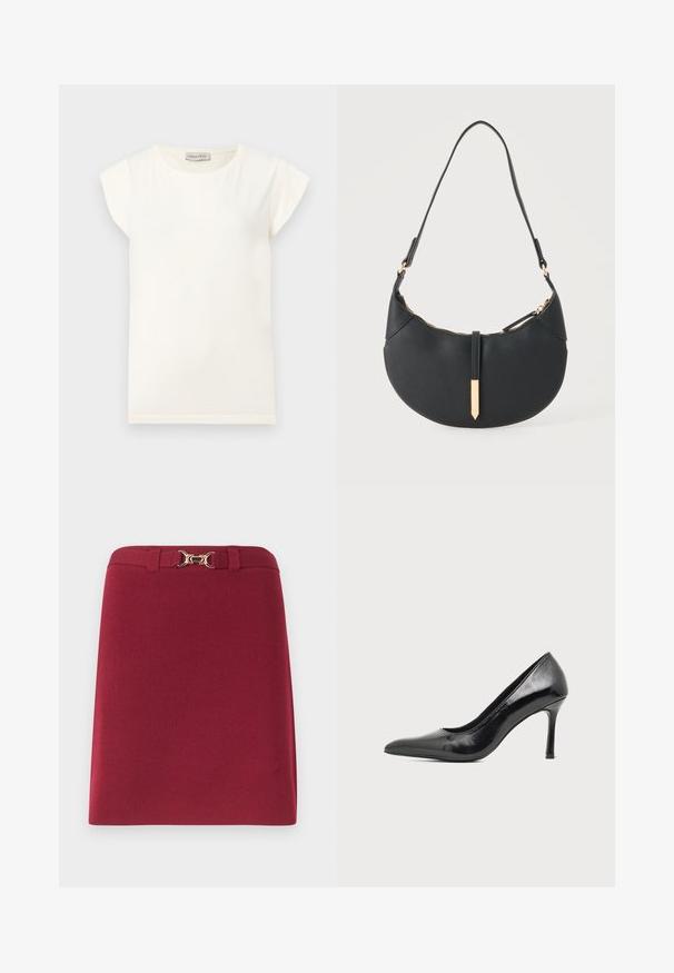 T-shirt blanc à manches courtes avec un col rond et une coupe décontractée. Confectionné en tissu doux, avec une texture lisse et un design minimaliste.; Jupe bordeaux longueur genou avec passants de ceinture et détail boucle mors dorée à la taille.; Chaussure à talon haut pour femme en cuir verni noir avec bout pointu et talon fin sur fond clair uni.; Sac à main noir en forme de croissant avec une bandoulière unique, une fermeture éclair dorée et une languette décorative rectangulaire dorée à l'avant.