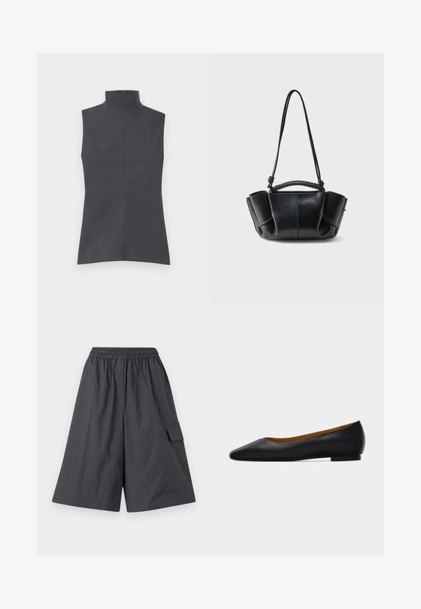 Ærmeløs top i mørkegrå, med høj krave, rene linjer og en glat tekstur. Simpelt design uden mønstre eller udsmykninger.; Mørkegrå shorts med elastisk talje, glat front og sidelomme. Fremstillet af et let materiale. Løs, bred benstruktur.; Sort læder flad sko med spids tå, lav hæl og glat finish, vist fra siden på en lysegrå baggrund.; Sort læderhåndtaske med en buet silhuet, opsamlede sider, flettet håndtag og en lang tynd rem mod en hvid baggrund.
