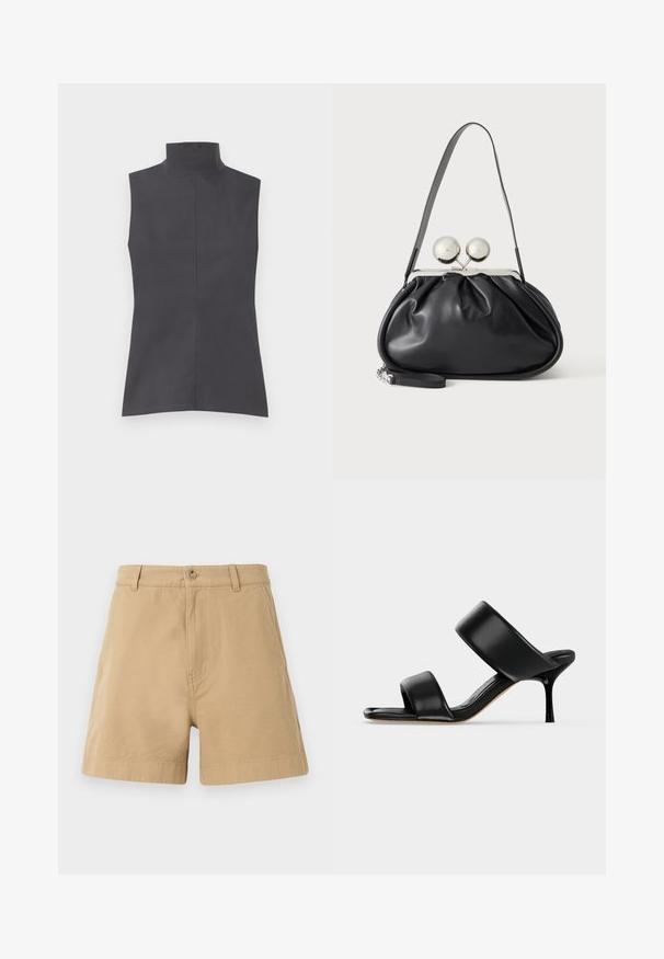 Ärmelloses Oberteil in Dunkelgrau, mit hohem Kragen, klaren Linien und glatter Textur. Einfaches Design ohne Muster oder Verzierungen.; Beige Shorts aus Baumwolle mit klassischem Design, Frontknopfverschluss und Gürtelschlaufen. Glatte Textur mit Seitentaschen.; Schwarze Leder-Mule-Sandale mit zwei breiten Riemen und einem schlanken, mittelhohen Stilettoabsatz auf einem schlichten hellen Hintergrund.; Schwarze Ledertasche mit gerafftem Design, einem einzelnen Riemen, silbernem Metallrahmen und zwei großen runden silbernen Verschlüssen.