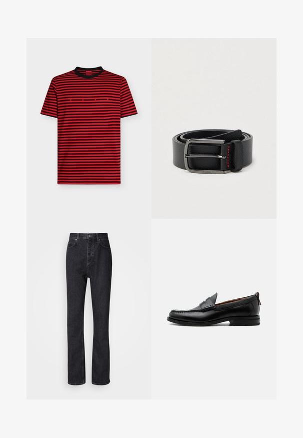 T-shirt à manches courtes rayé horizontal rouge et noir avec col noir et petit lettrage rouge "HUGO" centré sur la poitrine.; Jean en denim noir taille haute avec fermeture à bouton et à glissière, poches avant et arrière, et coupe droite.; Mocassin homme en cuir noir avec couture moc toe, bride penny, col texturé et petit talon empilé sur fond blanc.; Ceinture en cuir noir avec une boucle argentée et des coutures rouges, enroulée sur un fond clair uni.
