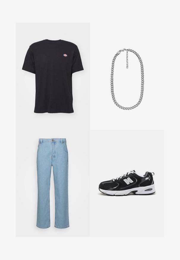 Sort kortærmet t-shirt med rund hals og et lille farverigt Dickies-logo på venstre bryst mod en ensfarvet baggrund.; Lysblå denim jeans med lige ben design, der har knaplukning, bæltestropper og to forlommer.; Sorte og grå sportssko med mesh og ruskind på overdelen, der har en hvid mellemsål, snørebånd og et iøjnefaldende "N" logo på siden.; Smykke med sølvfarvet curb-kæde med en lås med hummerlås og justerbar forlængerkæde på en hvid baggrund.