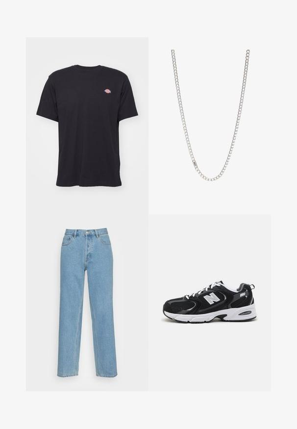 Zwart T-shirt met korte mouwen en ronde hals, met een klein kleurrijk Dickies-logo op de linkerborst tegen een effen achtergrond.; Lichtblauwe rechte spijkerbroek van denim, met een klassieke vijf-pocketontwerp, een voorste knoopsluiting en zichtbare stiknaaddetails.; Zwarte en grijze sport schoenen met een bovenwerk van mesh en suede, voorzien van een witte tussenzool, veters en een gedurfde "N"-logo aan de zijkant.; Zilveren ketting met in elkaar grijpende schakels, een gladde textuur en een uniforme rechthoekige vorm. Veilige sluiting.