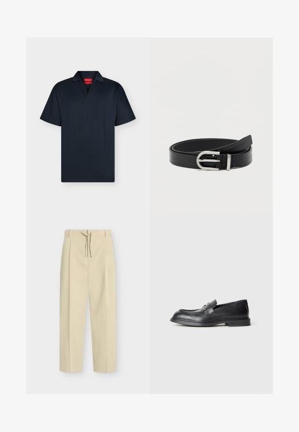 Polo noir à manches courtes avec col en V et col, avec une étiquette rouge portant la mention "HUGO" à l'intérieur de l'encolure.; Pantalon beige droit avec passants pour ceinture et nouage à l'avant, présentant un design épuré et ajusté ainsi qu'un tissu texturé.; Mocassins en cuir noir avec une finition texturée, dotés d'une bride décorative à l'avant et d'un bout arrondi. Semelle en caoutchouc pour plus de durabilité.; Ceinture en faux cuir noir avec texture crocodile et boucle ronde en argent, enroulée sur un fond blanc uni.