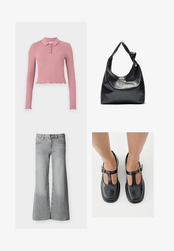 Polo de manga larga, recortado, en tela de canalé de un suave color rosa. Presenta un cuello y una botonera con cuatro botones y un dobladillo con volantes.; Jeans grises de tiro alto y pierna ancha con botón frontal, cierre de cremallera y cinco bolsillos, exhibidos sobre un fondo blanco liso.; Zapatos de cuero negro con diseño de correa en T, punta cerrada y detalles de hebilla plateada. Textura lisa con punta redondeada y suela plana.; Bolso de cuero trenzado negro con un diseño relajado, que presenta una correa anudada y un pequeño tachuela dorada decorativa en la parte superior.