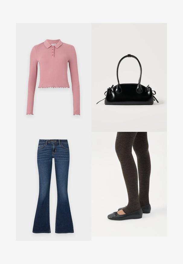 Polo de manga larga, recortado, en tela de canalé de un suave color rosa. Presenta un cuello y una botonera con cuatro botones y un dobladillo con volantes.; Jeans acampanados en denim azul oscuro, con un diseño clásico de cinco bolsillos, costuras en contraste y cierre frontal con cremallera y botón.; Piernas con leggings oscuros acanalados combinados con bailarinas negras que presentan pequeños detalles de lazo sobre un fondo blanco.; Pequeño bolso negro brillante con dos asas largas y detalles de cordón lateral sobre un fondo claro liso.