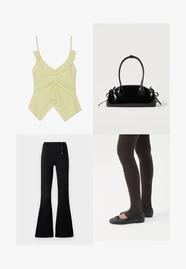 Haut sans manches vert clair en tissu doux, avec des bords froufrous, un décolleté en V et des détails froncés au centre.; Pantalons évasés noirs en denim avec une taille haute, ornés de quatre boutons décoratifs à l'avant et d'une texture lisse.; Jambes portant des leggings côtelés foncés associés à des ballerines noires avec de petits détails en nœud sur fond blanc.; Petit sac à main noir brillant avec deux longues anses et des détails à cordon sur les côtés sur un fond clair uni.