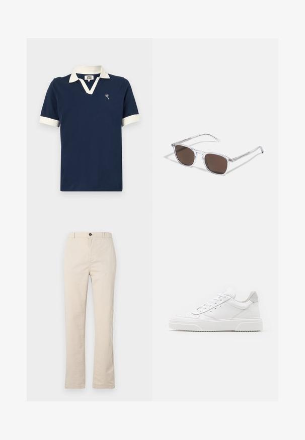 Marineblauwe polo gemaakt van katoen, met een contrasterende witte kraag en mouwboorden, en een klein geborduurde ontwerp op de borst.; Lichtbeige katoenen broek met een rechte pijpdesign, voorzien van een knoopsluiting aan de voorkant, een ritssluiting en minimale stikdetails.; Witte leren sneakers met een gladde afwerking, ronde neus, platte veters en een gestructureerde zool. Grijze suède accent bij de hiel.; Heldere plastic zonnebril met rechthoekige bruine lenzen, voorzien van dunne, doorzichtige veren en metalen accenten op de sleep.