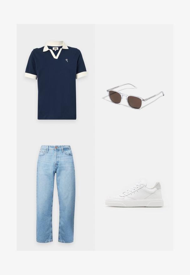 Marineblaues Poloshirt aus Baumwolle mit einem kontrastierenden weißen Kragen und Ärmelbündchen sowie einem kleinen gestickten Design auf der Brust.; Hellblaue Jeans aus Denim mit geradem Schnitt, Fünf-Taschen-Design und Knopfverschluss. Glatte Textur und minimale Ausbleichung mit gestickten Akzenten.; Weiße Leder-Sneaker mit glatter Oberfläche, rundem Zehenbereich, flachen Schnürsenkeln und strukturiertem Schuhsohlen. Graues Wildleder-Detail an der Ferse.; Klarer Kunststoff-Sonnenbrillen mit rechteckigen braunen Gläsern, ausgestattet mit dünnen, transparenten Bügeln und Metallakzenten an den Schläfen.