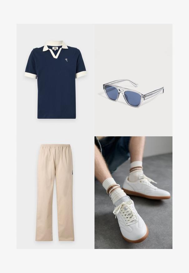 Marineblaues Poloshirt aus Baumwolle mit einem kontrastierenden weißen Kragen und Ärmelbündchen sowie einem kleinen gestickten Design auf der Brust.; Beige, leichte, gewobene Hose mit elastischem Bund. Merkmale sind gerade Beine und ein kleines gesticktes Logodetail an der Seite.; Weiße Ledersneaker mit glatter Textur, grauen Wildlederelementen, beigen Gummisohlen und flachen Schnürsenkeln. Kombiniert mit cremefarbenen und braun gestreiften Socken.; Sonnenbrille mit klarem Rahmen und rechteckigen, blau getönten Gläsern, liegend auf einer weißen Oberfläche.