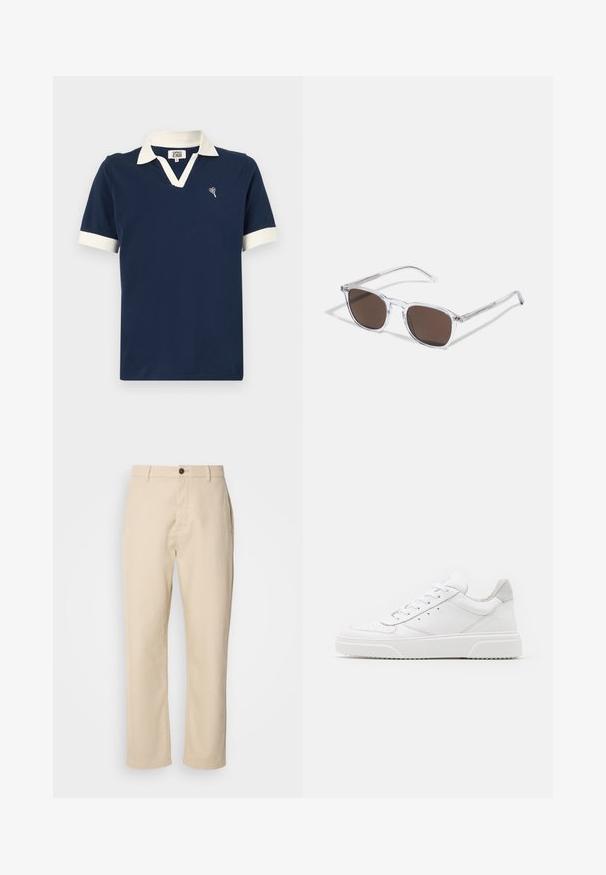 Tumed polo särk, mis on valmistatud puuvillast, kontrastse valge kaelaosa ja varrukate mansettidega ning väikese broderitud kujundusega rinnaosas.; Beezid puuvillased püksid sirgete jalgadega, ees nööpidega kinnitamisega, küljetaskutega ja sileda tekstuuriga. Minimalistlik disain, ilma nähtavate mustriteta.; Valged nahast spordijalatsid siledast nahast viimistlusega, ümarate varvastega, lamekestega ja tekstuuriga tallaga. Hall suede aktsent kanna juures.; Selged plastist prillid ristkülikukujuliste pruunide läätsedega, millel on õhukesed, läbipaistvad varsud ja metallaktsendid templites.