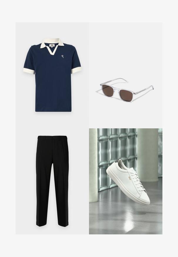 Marineblaues Poloshirt aus Baumwolle mit einem kontrastierenden weißen Kragen und Ärmelbündchen sowie einem kleinen gestickten Design auf der Brust.; Schwarze Hosen aus glattem Stoff, mit geradem Schnitt, zwei vorderen Taschen und einem Reißverschluss mit Knopfverschluss.; Weißer Leder-Low-Top-Sneaker mit Schnürsenkeln, schwarzer Fersenschlaufe und „BOSS“-Logo, der drinnen nahe einer Glassteinwand und einem polierten Boden schwebt.; Klarer Kunststoff-Sonnenbrillen mit rechteckigen braunen Gläsern, ausgestattet mit dünnen, transparenten Bügeln und Metallakzenten an den Schläfen.